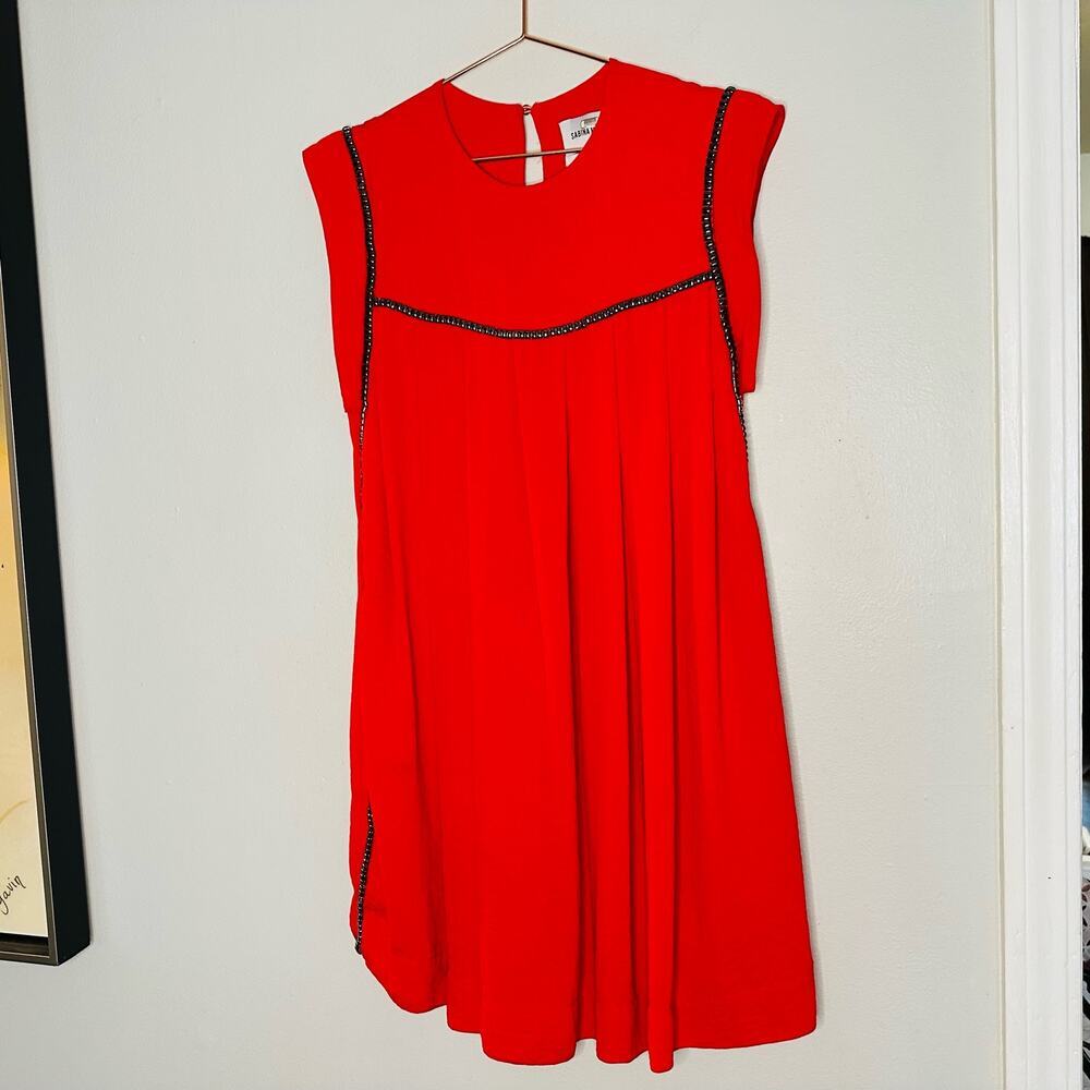 SABRINA MUSAYVER Hot Red Luby Bronze Metal Beading Shift Dress Size Small